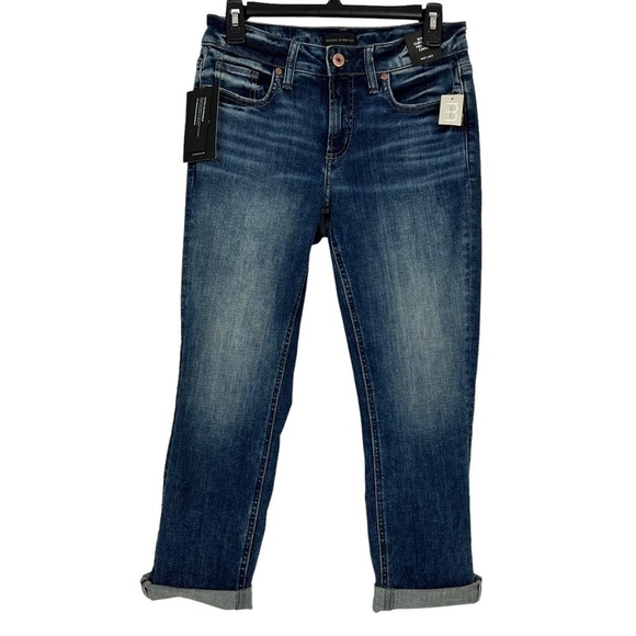 NWT SILVER SUKI Women’s Blue Jean Capri Sz 3/4 (27) Curvy Fit Mid-Rise Distress